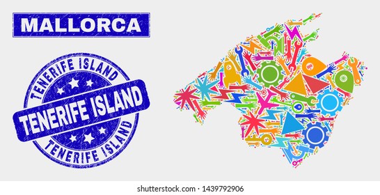 Mosaic tools Mallorca map and Tenerife Island seal stamp. Mallorca map collage made with scattered colored tools, palms, industry icons. Blue rounded Tenerife Island seal stamp with grunge texture.