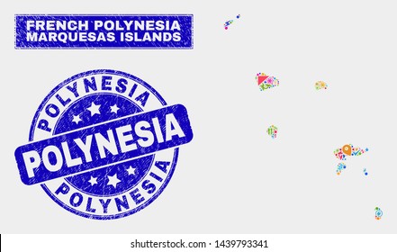 Mosaic tools Marquesas Islands map and Polynesia seal. Marquesas Islands map collage made with random colorful tools, hands, service symbols. Blue rounded Polynesia seal stamp with grunge texture.
