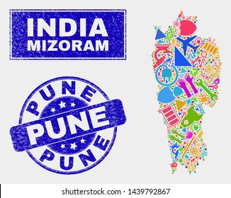 Mosaic tools Mizoram State map and Pune stamp. Mizoram State map collage composed with random colorful equipment, hands, service elements. Blue round Pune stamp with scratched texture.