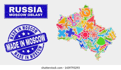 Mosaic tools Moscow Region map and Made in Moscow seal stamp. Moscow Region map collage designed with scattered colorful tools, hands, service symbols.