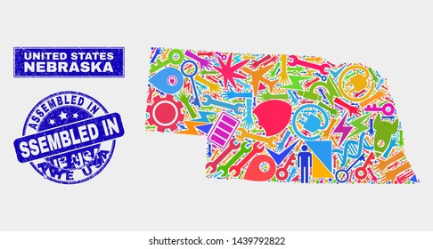 Mosaic tools Nebraska State map and Assembled in the USA seal. Nebraska State map collage composed with random bright tools, hands, industrial icons.