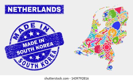 Mosaic tools Netherlands map and Made in South Korea seal stamp. Netherlands map collage created with random bright tools, hands, production icons.