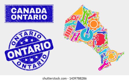 Mosaic tools Ontario Province map and Ontario seal. Ontario Province map collage constructed with scattered bright tools, hands, industry items. Blue round Ontario seal with scratched texture.