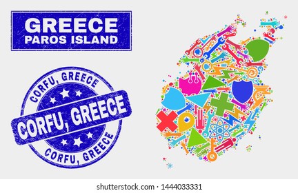 Mosaic tools Paros Island map and Corfu, Greece stamp. Paros Island map collage designed with scattered colorful tools, palms, industry icons. Blue round Corfu, Greece stamp with grunge texture.