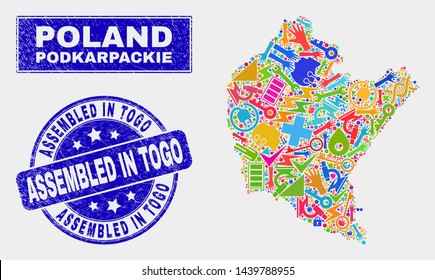 Mosaic tools Podkarpackie Voivodeship map and Assembled in Togo seal stamp. Podkarpackie Voivodeship map collage created with randomized colorful tools, hands, service elements.