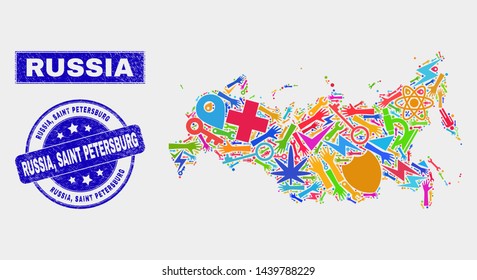 Mosaic tools Russia map and Russia, Saint Petersburg seal stamp. Russia map collage created with random bright tools, palms, service elements. Blue rounded Russia,
