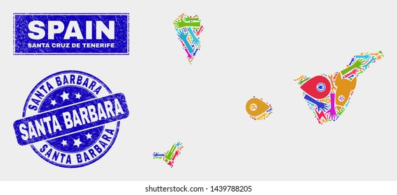 Mosaic tools Santa Cruz de Tenerife Province map and Santa Barbara seal stamp. Santa Cruz de Tenerife Province map collage created with random colored equipment, hands, service symbols.