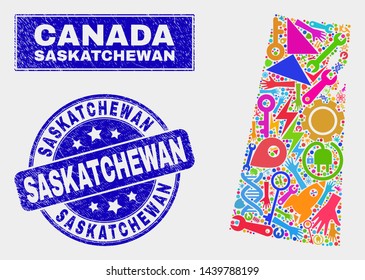 Mosaic tools Saskatchewan Province map and Saskatchewan seal. Saskatchewan Province map collage created with scattered bright tools, hands, industrial elements.