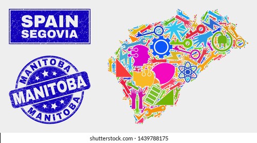 Mosaic tools Segovia Province map and Manitoba seal stamp. Segovia Province map collage created with random bright tools, palms, service items. Blue rounded Manitoba seal stamp with dirty texture.