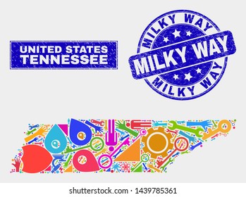 Mosaic tools Tennessee State map and Milky Way seal stamp. Tennessee State map collage created with scattered colored tools, palms, production symbols.