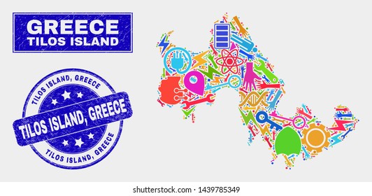 Mosaic tools Tilos Island map and Tilos Island, Greece seal stamp. Tilos Island map collage formed with random colored equipment, palms, service icons. Blue round Tilos Island,