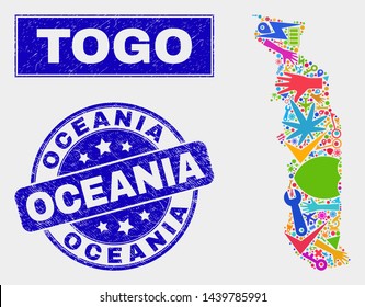 Mosaic tools Togo map and Oceania seal stamp. Togo map collage constructed with scattered bright tools, palms, industrial items. Blue rounded Oceania seal with scratched texture.