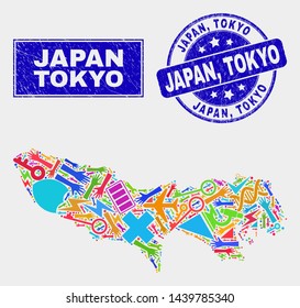 Mosaic tools Tokyo Prefecture map and Japan, Tokyo seal stamp. Tokyo Prefecture map collage made with random bright equipment, palms, service symbols. Blue round Japan,