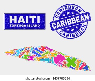 Mosaic tools Tortuga Island of Haiti map and Caribbean seal. Tortuga Island of Haiti map collage designed with randomized bright tools, hands, service elements.