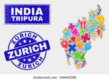 Mosaic tools Tripura State map and Zurich stamp. Tripura State map collage constructed with randomized bright tools, hands, industrial symbols. Blue rounded Zurich stamp with grunge texture.