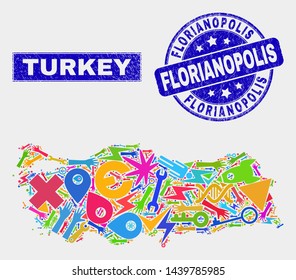 Mosaic tools Turkey map and Florianopolis seal stamp. Turkey map collage constructed with randomized bright tools, hands, industrial symbols.