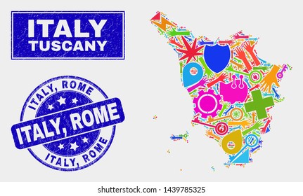 Mosaic tools Tuscany region map and Italy, Rome watermark. Tuscany region map collage created with randomized bright tools, hands, industrial icons. Blue rounded Italy,