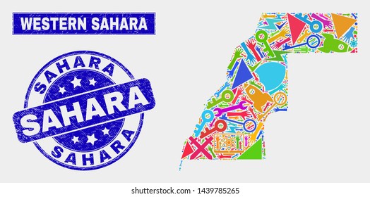 Mosaic tools Western Sahara map and Sahara seal stamp. Western Sahara map collage constructed with random colored tools, palms, production symbols. Blue round Sahara stamp with unclean texture.