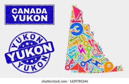 Mosaic tools Yukon Province map and Yukon stamp. Yukon Province map collage formed with scattered colored equipment, palms, service symbols. Blue round Yukon seal stamp with unclean texture.