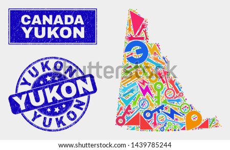 Mosaic tools Yukon Province map and Yukon stamp. Yukon Province map collage formed with scattered colored equipment, palms, service symbols. Blue round Yukon seal stamp with unclean texture.