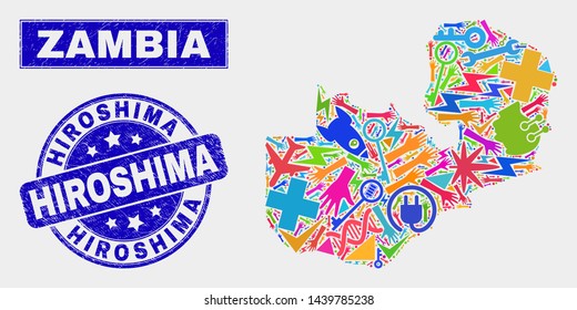 Mosaic tools Zambia map and Hiroshima watermark. Zambia map collage formed with scattered bright equipment, palms, service symbols. Blue round Hiroshima watermark with distress texture.