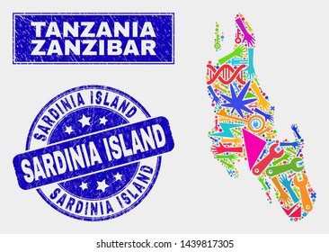 Mosaic tools Zanzibar Island map and Sardinia Island seal. Zanzibar Island map collage formed with random bright tools, palms, service items. Blue round Sardinia Island seal with unclean texture.