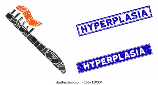 Mosaic tooth brush icon and rectangle watermarks. Flat vector tooth brush mosaic icon of randomized rotated rectangle elements. Blue caption rubber seals with rubber texture.