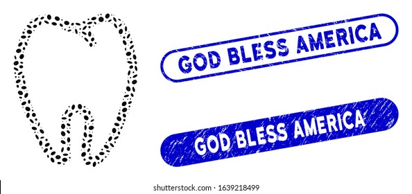 Mosaic tooth and corroded stamp seals with God Bless America text. Mosaic vector tooth is composed with scattered ellipse items. God Bless America stamp seals use blue color,