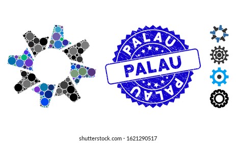 Mosaic tooth gear icon and distressed stamp seal with Palau caption. Mosaic vector is created with tooth gear icon and with randomized round spots. Palau stamp seal uses blue color,