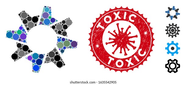 Mosaic tooth gear icon and red rounded rubber stamp watermark with Toxic caption and coronavirus symbol. Mosaic vector is designed with tooth gear icon and with randomized spheric spots.