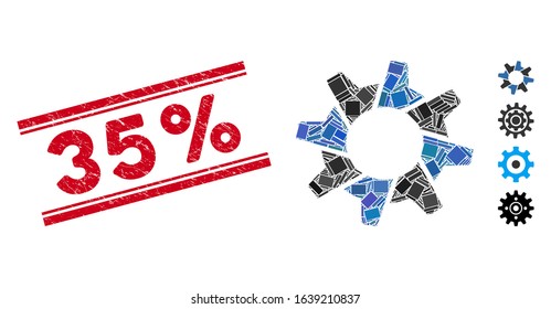 Mosaic tooth gear icon and red 35% stamp between double parallel lines. Flat vector tooth gear mosaic icon of randomized rotated rectangle items. Red 35% stamp imprint with rubber textures. svg
