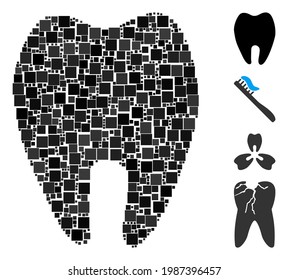 Mosaic Tooth icon organized from square items in variable sizes and color hues. Vector square items are arranged into abstract mosaic tooth icon. Bonus icons are placed.