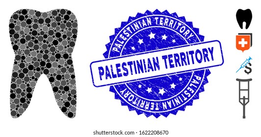 Mosaic tooth icon and rubber stamp seal with Palestinian Territory text. Mosaic vector is composed with tooth icon and with scattered spheric items. Palestinian Territory stamp uses blue color,