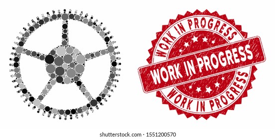 Mosaic tooth main wheel and grunge stamp seal with Work in Progress text. Mosaic vector is created with tooth main wheel icon and with scattered spheric items.