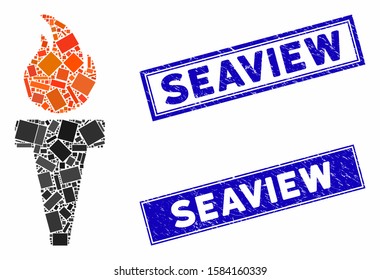 Mosaic torch fire icon and rectangle Seaview rubber prints. Flat vector torch fire mosaic icon of randomized rotated rectangle items. Blue Seaview stamp imprints with dirty texture.