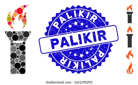 Mosaic torch flame icon and distressed stamp watermark with Palikir phrase. Mosaic vector is designed with torch flame icon and with randomized spheric elements. Palikir stamp uses blue color,