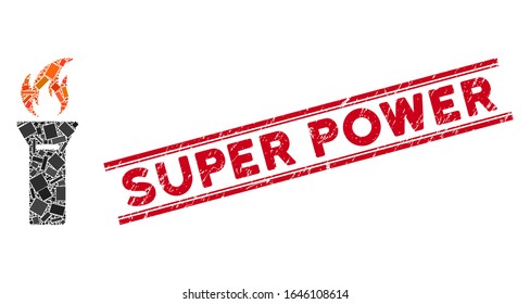 Mosaik Fackel Symbol und roter Super Power Stempel zwischen zwei parallelen Linien. Fackelflaschenmosaiksymbol der flachen Vektorillustration von nach dem Zufallsprinzip rotierten Rechteckelementen.