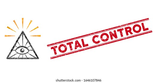 Mosaic total control eye pyramid icon and red Total Control seal between double parallel lines. Flat vector total control eye pyramid mosaic icon of randomized rotated rectangle elements.