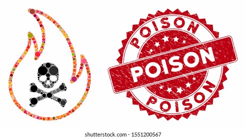 Mosaic toxic fire and corroded stamp seal with Poison caption. Mosaic vector is formed with toxic fire icon and with scattered circle elements. Poison stamp seal uses red color, and distress texture.