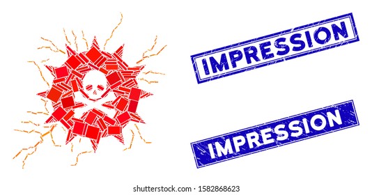 Mosaic toxic power pictogram and rectangle Impression stamps. Flat vector toxic power mosaic icon of randomized rotated rectangle elements. Blue Impression stamps with distress texture.