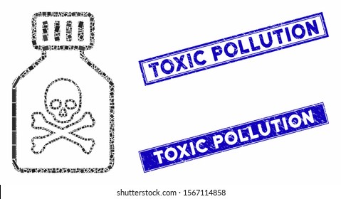 Mosaic toxic vial pictogram and rectangle seal stamps. Flat vector toxic vial mosaic icon of scattered rotated rectangle elements. Blue caption seal stamps with rubber surface.