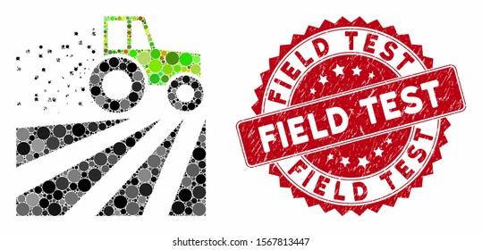 Mosaic tractor dust field and corroded stamp seal with Field Test phrase. Mosaic vector is created from tractor dust field icon and with random round items. Field Test stamp seal uses red color,