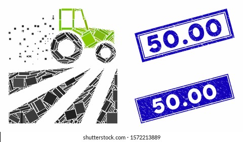 Mosaic tractor dust field icon and rectangular 50.00 seals. Flat vector tractor dust field mosaic icon of random rotated rectangle elements. Blue 50.00 rubber seals with corroded texture.