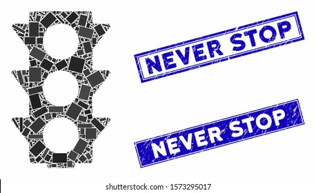 Mosaic traffic lights off icon and rectangle Never Stop seal stamps. Flat vector traffic lights off mosaic icon of scattered rotated rectangular items. Blue Never Stop seal stamps with grunge texture.