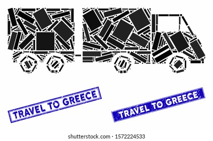 Mosaic trailer icon and rectangular Travel to Greece rubber prints. Flat vector trailer mosaic icon of random rotated rectangular elements. Blue Travel to Greece rubber stamps with grunge surface.