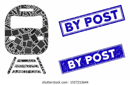 Mosaic train pictogram and rectangular seal stamps. Flat vector train mosaic pictogram of scattered rotated rectangular items. Blue caption rubber seals with scratched surface.