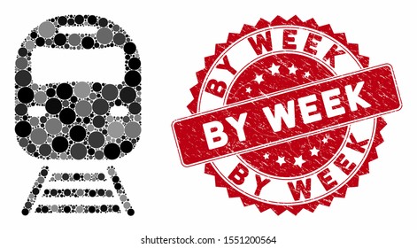 Mosaic train and rubber stamp watermark with By Week phrase. Mosaic vector is designed with train icon and with randomized spheric spots. By Week stamp uses red color, and rubber texture.
