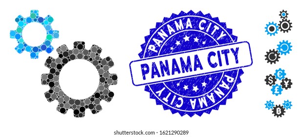 Mosaic transmission gears icon and corroded stamp watermark with Panama City caption. Mosaic vector is designed with transmission gears icon and with randomized spheric spots.