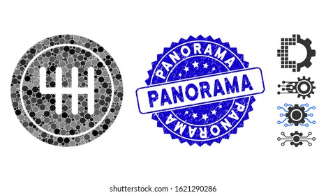 Mosaic transmission icon and grunge stamp watermark with Panorama caption. Mosaic vector is formed with transmission icon and with random round items. Panorama stamp uses blue color,