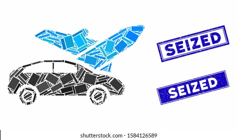 Mosaic transport icon and rectangular Seized watermarks. Flat vector transport mosaic icon of randomized rotated rectangle items. Blue Seized rubber stamps with rubber surface.